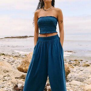 Free People Solange Set Deep Seas Ruffled Pull-On Wide-Leg Smocked Top & Pants